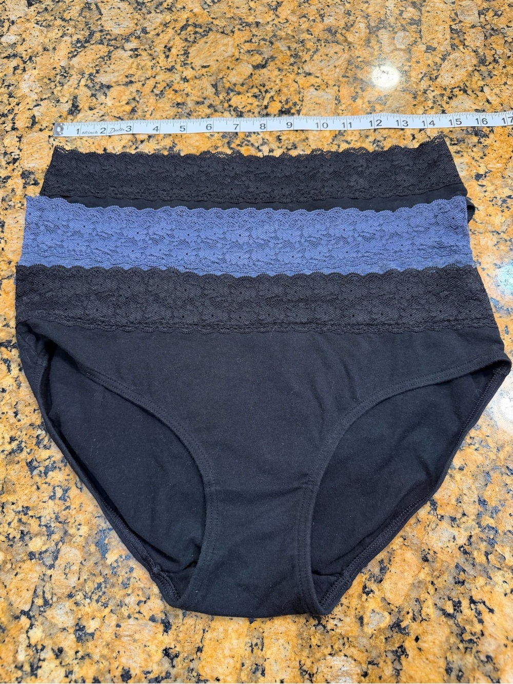 3 pack High-Waist Lace Trim Bikini Briefs - Black with Blue Lace